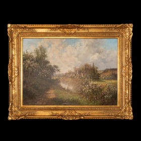 独角鹿西洋古董法国巴比松画派Pierre Ballue签名风景布面油画