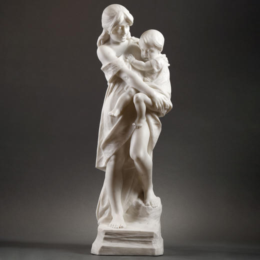 独角鹿西洋古董比利时Alphonse Van出品母子主题卡拉拉大理石雕像 商品图0