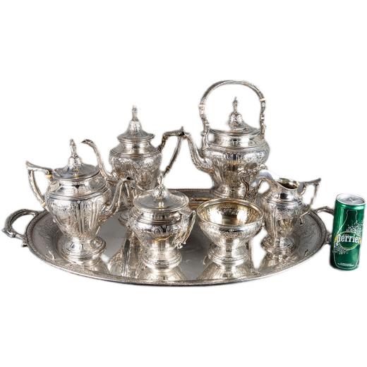 独角鹿西洋古董银器美国工坊出品花卉主题雕饰纯银咖啡茶具套件 商品图4