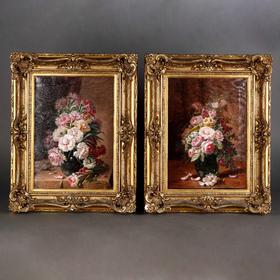 独角鹿西洋古董法国画家Clément Gontier静态花卉主题油画一对