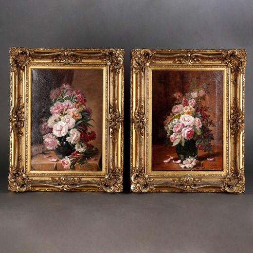 独角鹿西洋古董法国画家Clément Gontier静态花卉主题油画一对 商品图0