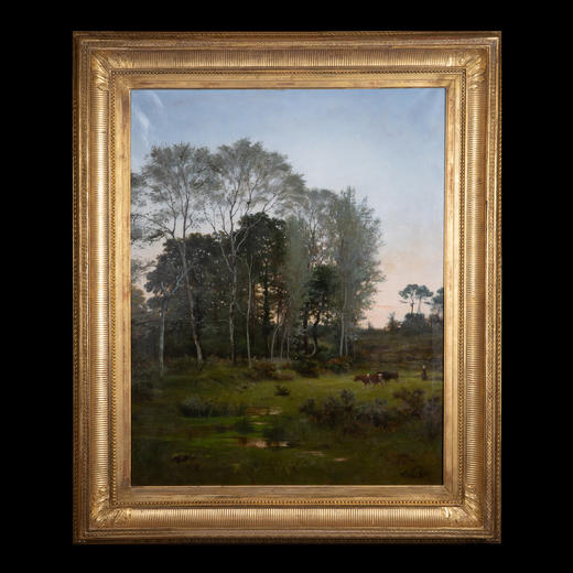 独角鹿西洋古董法国画家VILLARD签名风景布面油画《黄昏》 商品图0