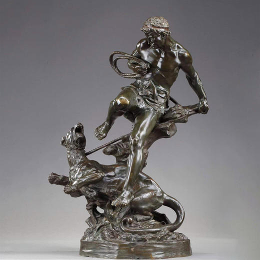 独角鹿西洋古董法国雕塑家Edouard Drouot上色青铜雕塑摆件驯狮者 商品图0