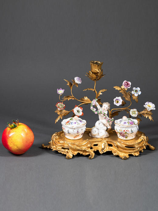 独角鹿西洋古董小天使花卉彩绘陶瓷洛可可风铜鎏金烛台式墨水台 商品图1