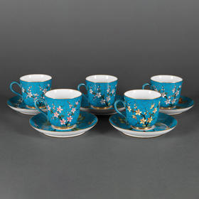 独角鹿西洋古董1890年代奥地利出品花鸟主题茶杯托盘杯碟五件套