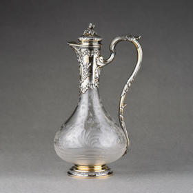 独角鹿西洋古董法国Boin&Taburet工坊路易十五风纯银雕花水晶酒壶