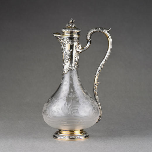 独角鹿西洋古董法国Boin&Taburet工坊路易十五风纯银雕花水晶酒壶 商品图0