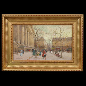 独角鹿西洋古董法国艺术家签名水粉画《冬日的巴黎马德莱娜广场》