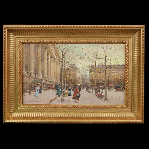 独角鹿西洋古董法国艺术家签名水粉画《冬日的巴黎马德莱娜广场》 商品图0