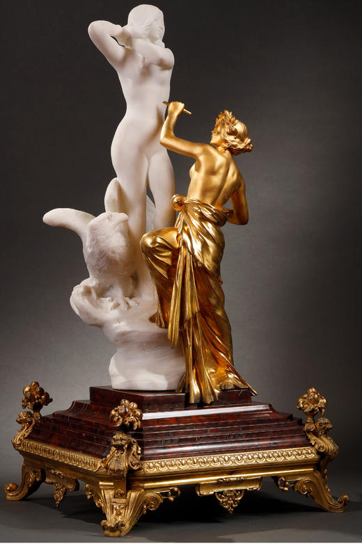 独角鹿西洋古董法国拿破仑三世时期铜鎏金大理石群雕雕塑的寓言 商品图1