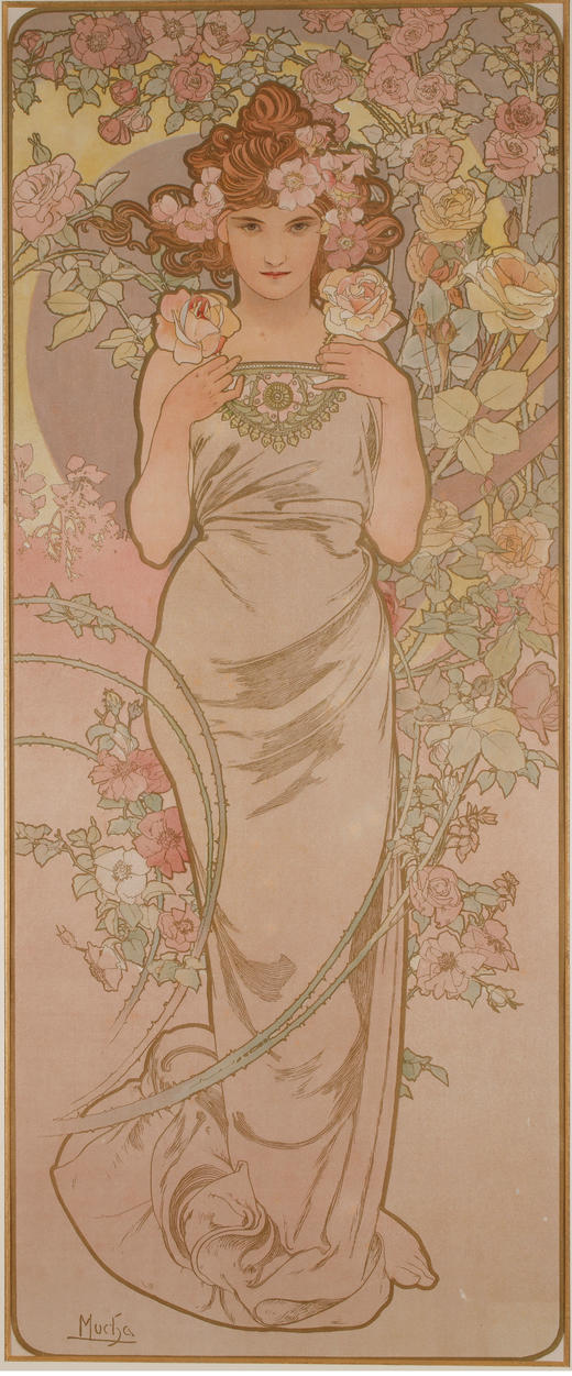 独角鹿西洋古董新艺术时期穆夏签名创作原版版画《玫瑰La Rose》 商品图1