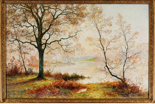 独角鹿西洋古董巴比松画派画家Rigolot布面油画风景作品《池畔》 商品图2