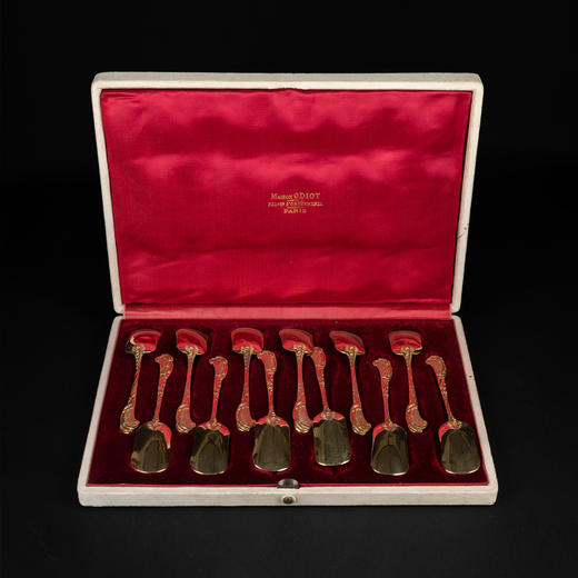 独角鹿西洋古董法国Odiot路易十五风纯银镀金汤匙勺子甜点套装 商品图0