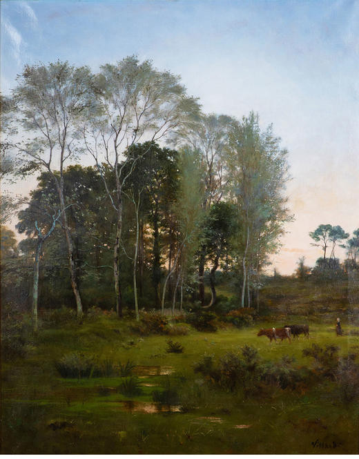 独角鹿西洋古董法国画家VILLARD签名风景布面油画《黄昏》 商品图1