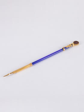 独角鹿西洋古董1880-1920年代法国出品铜鎏金镶嵌蓝色水晶蘸水笔