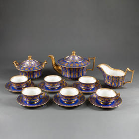 独角鹿西洋古董1835年代法国出品蓝色瓷器描金下午茶茶具套件