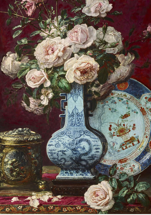 独角鹿西洋古董画家A.Kreyder签名布面油画《中国花瓶中的玫瑰》 商品图3