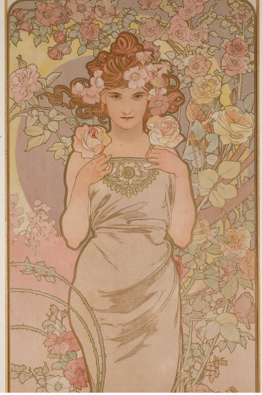 独角鹿西洋古董新艺术时期穆夏签名创作原版版画《玫瑰La Rose》 商品图2