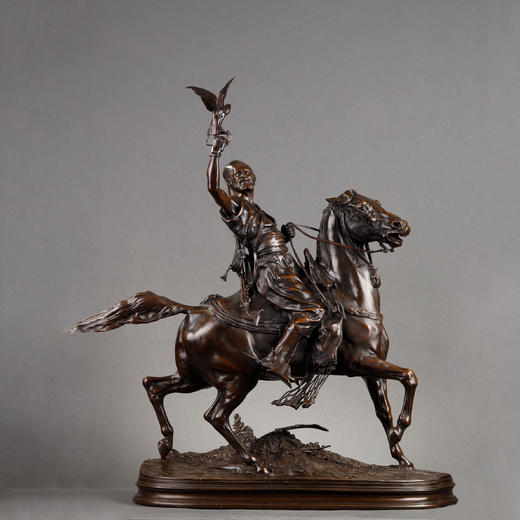 独角鹿西洋古董雕塑家P. J. MENE. 青铜雕塑马背上的阿拉伯猎鹰人 商品图0