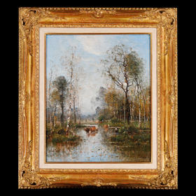 独角鹿西洋古董法国画家Japy签名风景布面油画林间空地中的牛群