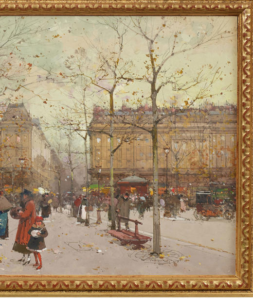 独角鹿西洋古董法国艺术家签名水粉画《冬日的巴黎马德莱娜广场》 商品图3