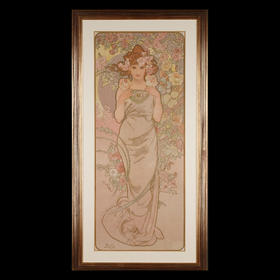 独角鹿西洋古董新艺术时期穆夏签名创作原版版画《玫瑰La Rose》