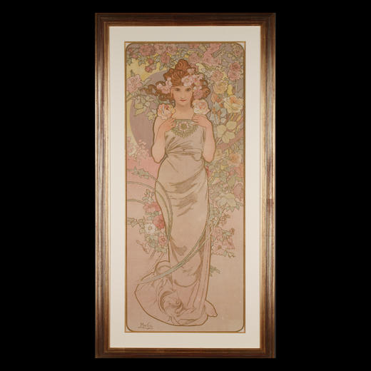 独角鹿西洋古董新艺术时期穆夏签名创作原版版画《玫瑰La Rose》 商品图0