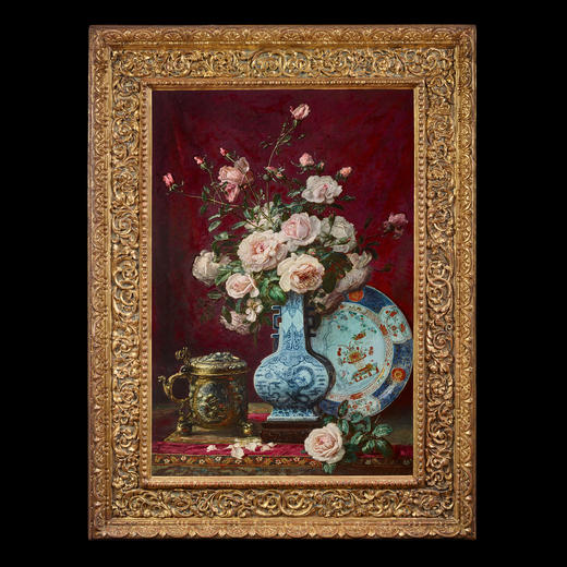 独角鹿西洋古董画家A.Kreyder签名布面油画《中国花瓶中的玫瑰》 商品图0