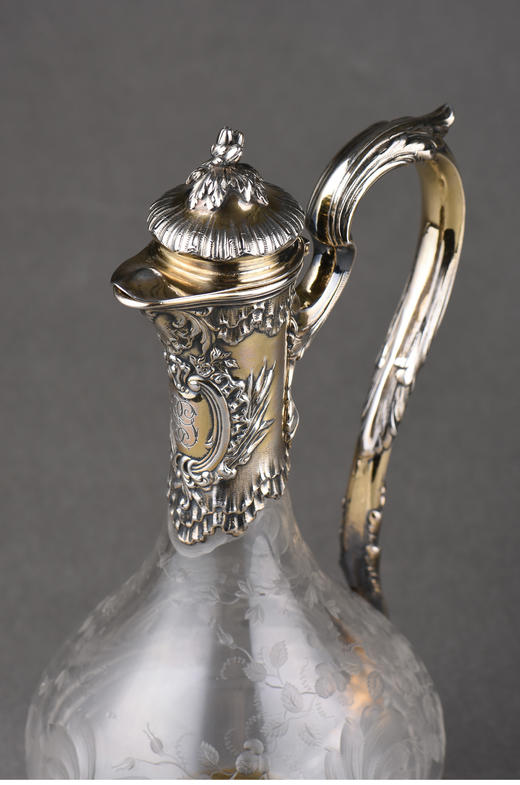 独角鹿西洋古董法国Boin&Taburet工坊路易十五风纯银雕花水晶酒壶 商品图4
