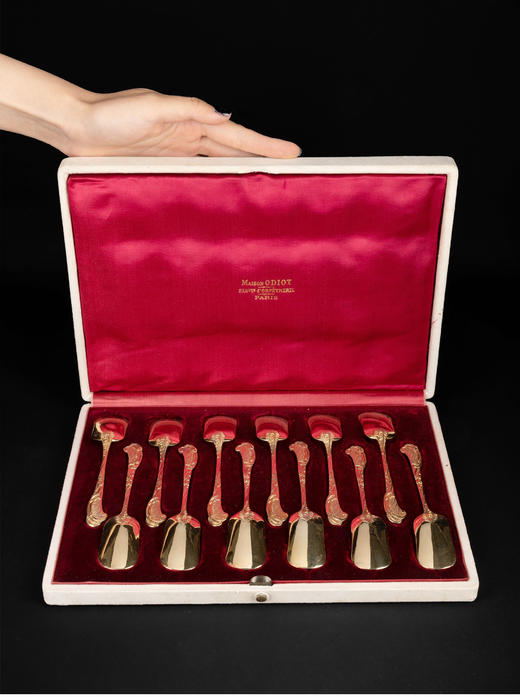 独角鹿西洋古董法国Odiot路易十五风纯银镀金汤匙勺子甜点套装 商品图1