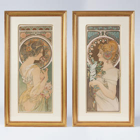 独角鹿西洋古董穆夏原版版画报春花 La Primevere与羽毛 La Plume