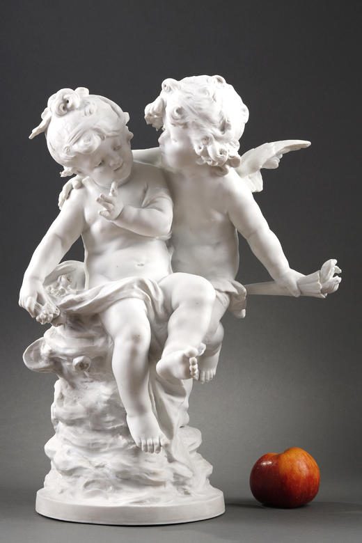 独角鹿西洋古董艺术家Auguste Moreau签名素胎瓷雕塑《丘比特们》 商品图1