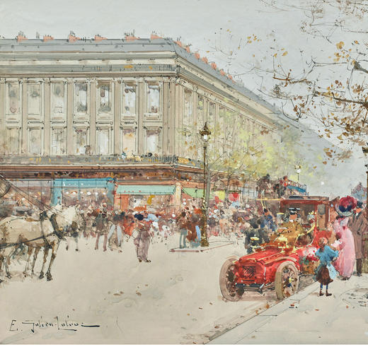独角鹿西洋古董法国艺术家签名水粉画《络绎不绝的马德莱娜大道》 商品图1