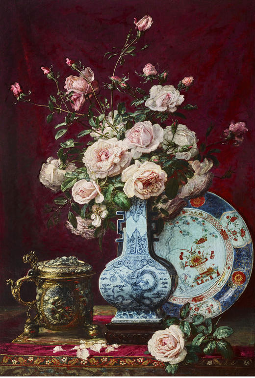 独角鹿西洋古董画家A.Kreyder签名布面油画《中国花瓶中的玫瑰》 商品图1