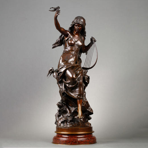 独角鹿西洋古董法国雕塑名家Math. Moreau青铜雕塑飞燕与竖琴少女 商品图0
