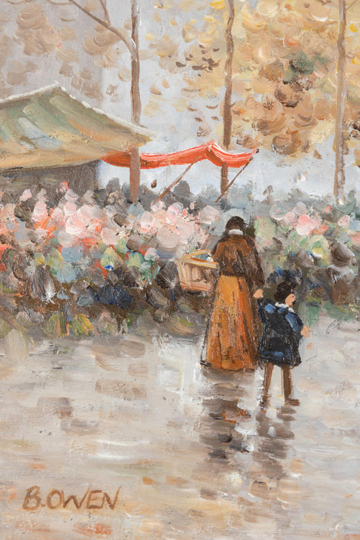 独角鹿西洋古董画家B.owen签名Marché aux Fleurs-花市主题油画 商品图3