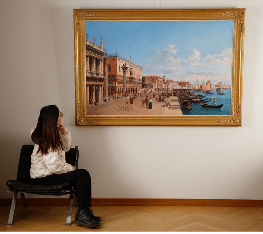 独角鹿西洋古董比利时画家Franz VAN DEN HOVE签名风景油画威尼斯 商品图1