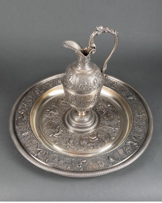 独角鹿西洋古董银器法国浮雕信望爱主题镀银水壶玫瑰露水盘 商品图2