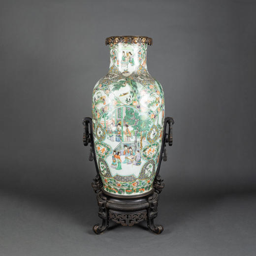 独角鹿西洋古董瓷器法国铜鎏金饰传统园邸人物主题中国广彩瓷瓶 商品图0