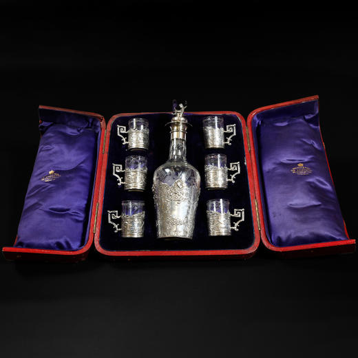 独角鹿西洋古董欧洲纯银精雕花园雅宴主题嵌刻花水晶酒具套装 商品图0