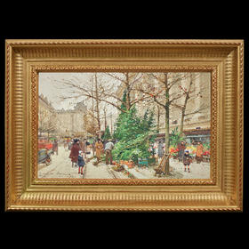 独角鹿西洋古董法国艺术家签名水粉画《圣诞前的巴黎花卉市场》