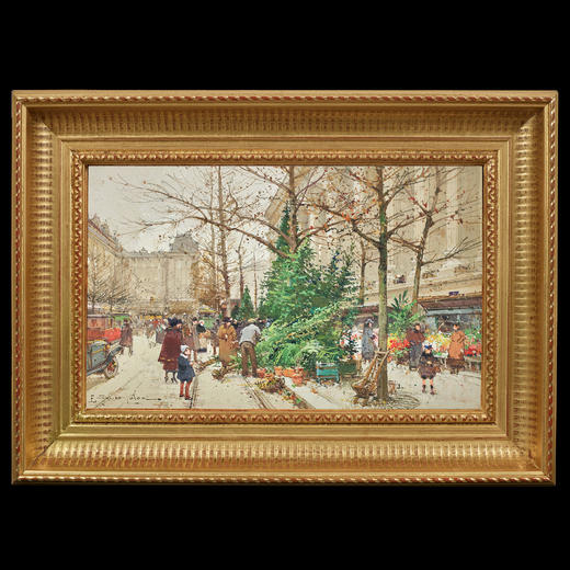 独角鹿西洋古董法国艺术家签名水粉画《圣诞前的巴黎花卉市场》 商品图0