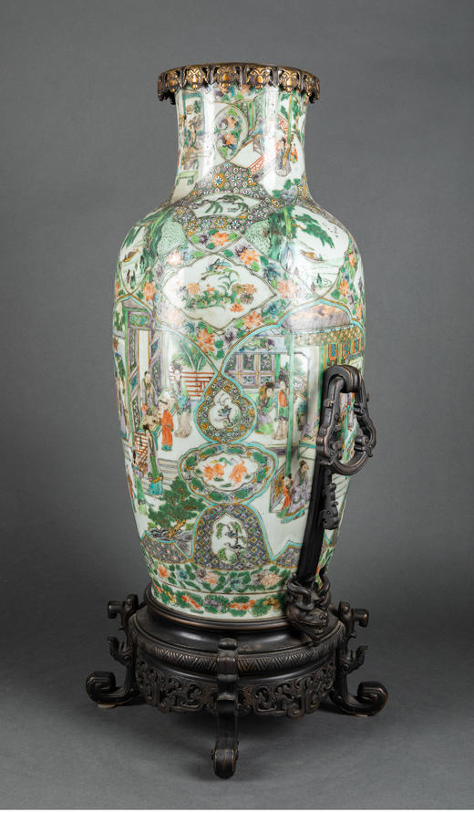 独角鹿西洋古董瓷器法国铜鎏金饰传统园邸人物主题中国广彩瓷瓶 商品图2