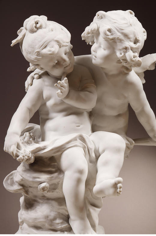 独角鹿西洋古董雕塑法国雕塑家签名丘比特与普绪克素胎瓷人物雕像 商品图3