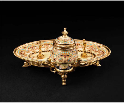 独角鹿西洋古董1840年代法国铜鎏金装饰水仙黄布雷松珐琅墨水台 商品图3