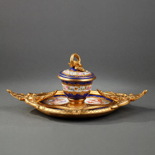 独角鹿西洋古董摆件法国铜鎏金雕饰灵蛇手绘小天使花卉陶瓷墨水台 商品图0