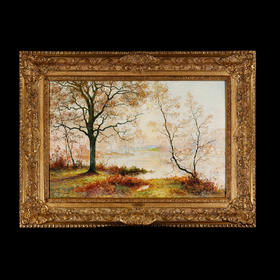 独角鹿西洋古董巴比松画派画家Rigolot布面油画风景作品《池畔》