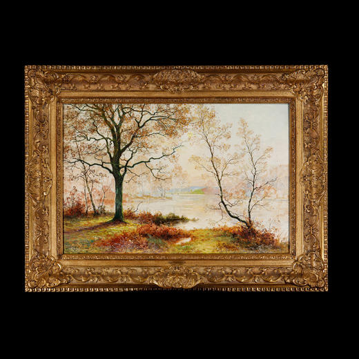 独角鹿西洋古董巴比松画派画家Rigolot布面油画风景作品《池畔》 商品图0