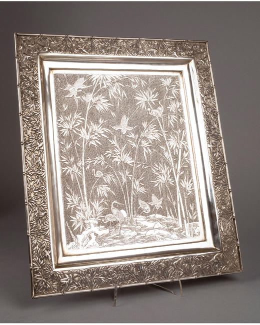 独角鹿西洋古董中国外销银器工坊WANG HING & CO传统竹鸟纯银托盘 商品图2