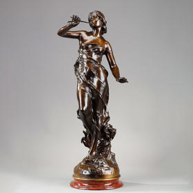 独角鹿西洋古董法国J. CAUSSE签名新艺术风格青铜雕塑《名望》